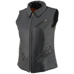 Milwaukee Leather MLL4520 Women’s Black Shirt Collar Motorcycle Rider Vest with 4 Front Lower Pockets