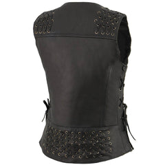 Milwaukee Leather MLL4525 Women's Black Lightweight Leather Side Lace Motorcycle Rider Vest w/ Zip Expansion