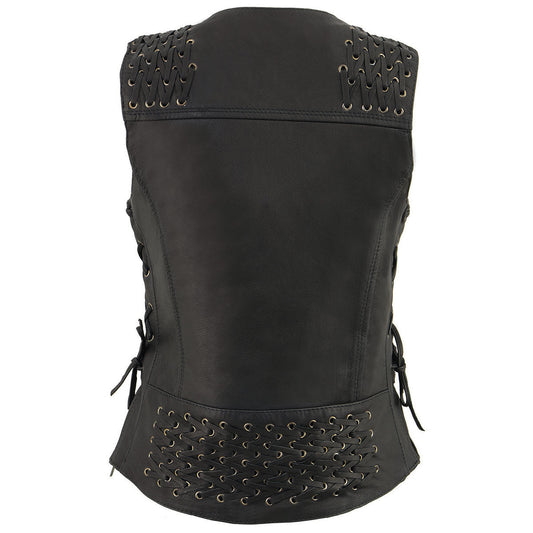 Milwaukee Leather MLL4525 Women's Black Lightweight Leather Side Lace Motorcycle Rider Vest w/ Zip Expansion