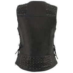 Milwaukee Leather MLL4525 Women's Black Lightweight Leather Side Lace Motorcycle Rider Vest w/ Zip Expansion