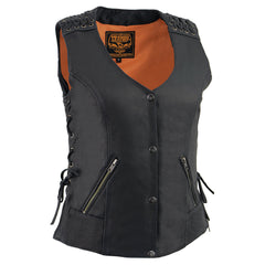 Milwaukee Leather MLL4525 Women's Black Lightweight Leather Side Lace Motorcycle Rider Vest w/ Zip Expansion
