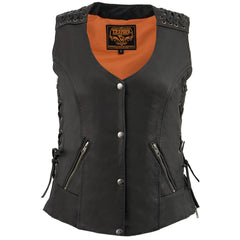 Milwaukee Leather MLL4525 Women's Black Lightweight Leather Side Lace Motorcycle Rider Vest w/ Zip Expansion