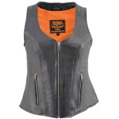 Milwaukee Leather MLL4530 Ladies Black Leather Open Neck Vest with Front Zipper Closure