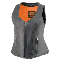 Milwaukee Leather MLL4530 Ladies Black Leather Open Neck Vest with Front Zipper Closure