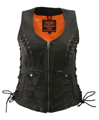 Milwaukee Leather Women's Classic V-Neck Black Leather Motorcycle Rider Vest with Adjustable Side Laces MLL4575