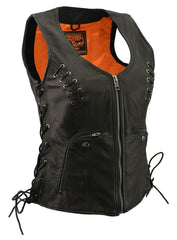 Milwaukee Leather Women's Classic V-Neck Black Leather Motorcycle Rider Vest with Adjustable Side Laces MLL4575