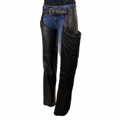 Milwaukee Leather Women's Black Premium Leather Motorcycle Rider Chaps w/ Purple Crinkled Stripes-Reflective Trim MLL6500