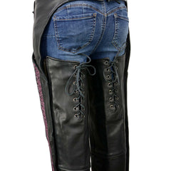 Milwaukee Leather Women's Black Premium Leather Motorcycle Rider Chaps w/ Purple Crinkled Stripes-Reflective Trim MLL6500