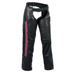 Milwaukee Leather Women's Black and Fuchsia Leather Hip Set Chaps with Crinkled Leg Striping MLL6500