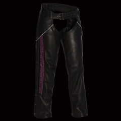 Milwaukee Leather Women's Black and Fuchsia Leather Hip Set Chaps with Crinkled Leg Striping MLL6500