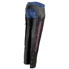 Milwaukee Leather MLL6501 Ladies 'Crinkled' Black and Purple Leather Lightweight Low Rise Chaps