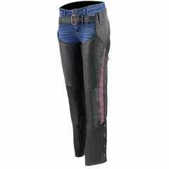 Milwaukee Leather MLL6501 Ladies 'Crinkled' Black and Purple Leather Lightweight Low Rise Chaps