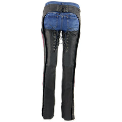 Milwaukee Leather MLL6501 Ladies 'Crinkled' Black and Pink Leather Lightweight Low Rise Chaps