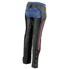 Milwaukee Leather MLL6501 Ladies 'Crinkled' Black and Pink Leather Lightweight Low Rise Chaps
