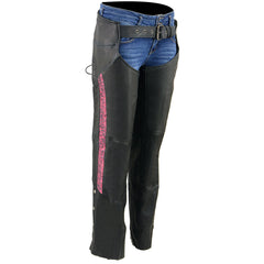 Milwaukee Leather MLL6501 Ladies 'Crinkled' Black and Pink Leather Lightweight Low Rise Chaps