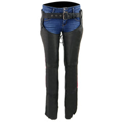 Milwaukee Leather MLL6501 Ladies 'Crinkled' Black and Pink Leather Lightweight Low Rise Chaps
