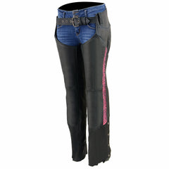 Milwaukee Leather MLL6501 Ladies 'Crinkled' Black and Pink Leather Lightweight Low Rise Chaps