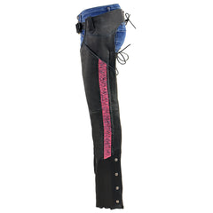Milwaukee Leather MLL6501 Ladies 'Crinkled' Black and Pink Leather Lightweight Low Rise Chaps