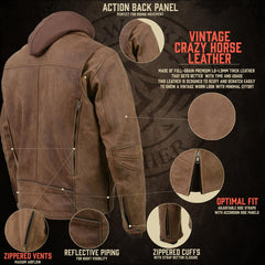 Milwaukee Leather MLM1511 Men's 'Vagabond' Vintage Crazy Horse' Brown Leather Jacket w/ Removable Hoodie