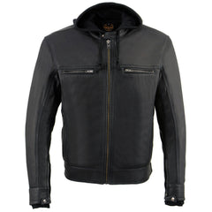 Milwaukee Leather MLM1552 Men's Black Leather ‘Utility Pocket’ Vented Jacket with Removable Hoodie