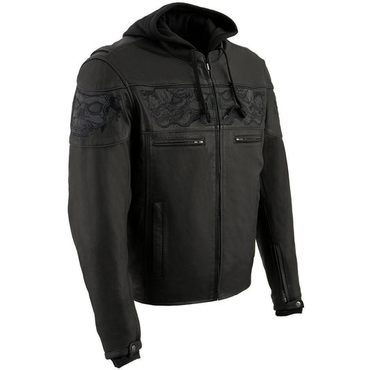 Milwaukee Leather MLM1563 Men's Black Leather Jacket with Reflective Skulls