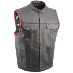 Milwaukee Leather MLM3506 Men's Black Premium Leather Vest - Old Glory Laced Armholes Red Stitching Club Style Vest
