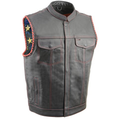 Milwaukee Leather MLM3506 Men's Black Premium Leather Vest - Old Glory Laced Armholes Red Stitching Club Style Vest
