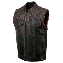 Milwaukee Leather MLM3527 Men's Black 'Paisley' Accented w/ Orange Stitching Leather Vest – / Armhole Trim