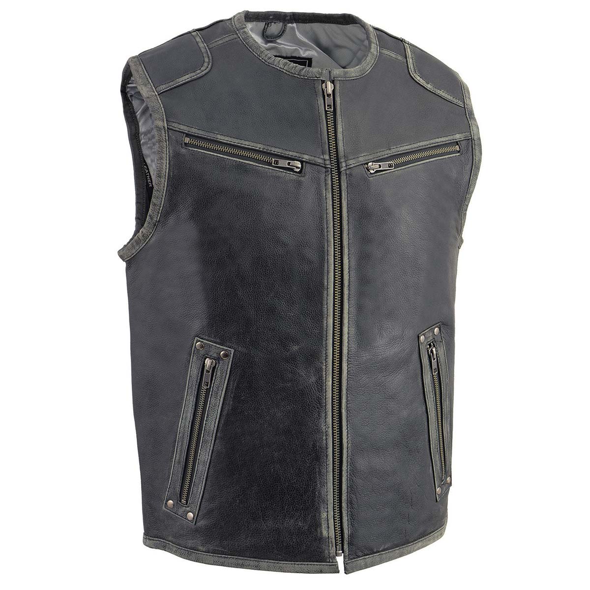 Milwaukee Leather MLM3536 Men's Distressed Grey Leather Collarless Motorcycle Rider Vest