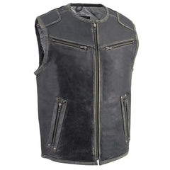 Milwaukee Leather MLM3536 Men's Distressed Grey Leather Collarless Motorcycle Rider Vest