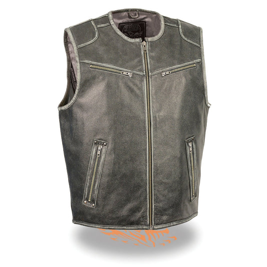 Milwaukee Leather MLM3536 Men's Distressed Grey Leather Collarless Motorcycle Rider Vest