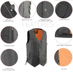 Milwaukee Leather MLM3541 Men's Roulette Black Premium Leather 10 Pocket Motorcycle Vest w/ Cool-Tec Leather Treatment