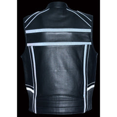Milwaukee Leather MLM3560 Men's Black Leather Vest - Reflective Piping Elasticized Waist Open Neck Motorcycle Vest