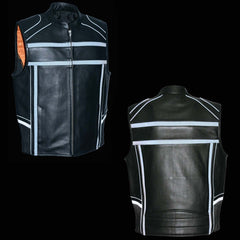 Milwaukee Leather MLM3560 Men's Black Leather Motorcycle Rider Vest with Round Collar and Reflective Piping