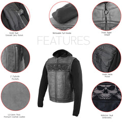Milwaukee Leather MLM3563 Men's '2 in 1' Black Leather Vest w/ Reflective Skulls / Full Removable Hoodie