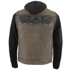 Milwaukee Leather MLM3561 Men's '2 in 1' Distressed Brown Leather Vest w/ Reflective Skulls / Full Removable Hoodie