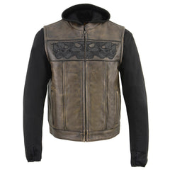 Milwaukee Leather MLM3561 Men's '2 in 1' Distressed Brown Leather Vest w/ Reflective Skulls / Full Removable Hoodie