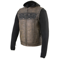 Milwaukee Leather MLM3561 Men's '2 in 1' Distressed Brown Leather Vest w/ Reflective Skulls / Full Removable Hoodie