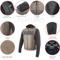 Milwaukee Leather MLM3561 Men's '2 in 1' Distressed Brown Leather Vest w/ Reflective Skulls / Full Removable Hoodie