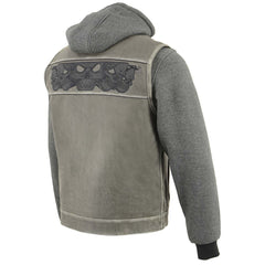 Milwaukee Leather MLM3562 Men's '2 in 1' Distressed Grey Leather Vest w/ Reflective Skulls / Full Removable Hoodie