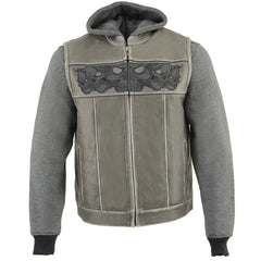 Milwaukee Leather MLM3562 Men's '2 in 1' Distressed Grey Leather Vest w/ Reflective Skulls / Full Removable Hoodie