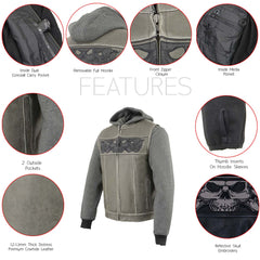 Milwaukee Leather MLM3562 Men's '2 in 1' Distressed Grey Leather Vest w/ Reflective Skulls / Full Removable Hoodie