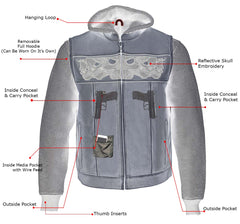 Milwaukee Leather MLM3562 Men's '2 in 1' Distressed Grey Leather Vest w/ Reflective Skulls / Full Removable Hoodie