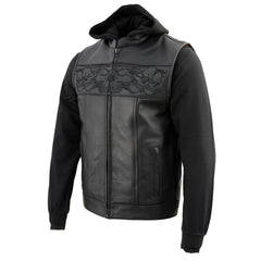 Milwaukee Leather MLM3563 Men's '2 in 1' Black Leather Vest w/ Reflective Skulls / Full Removable Hoodie