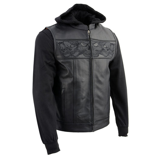 Milwaukee Leather MLM3563 Men's '2 in 1' Black Leather Vest w/ Reflective Skulls / Full Removable Hoodie