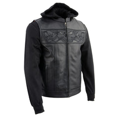 Milwaukee Leather MLM3563 Men's '2 in 1' Black Leather Vest w/ Reflective Skulls / Full Removable Hoodie