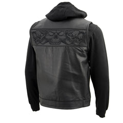 Milwaukee Leather MLM3563 Men's '2 in 1' Black Leather Vest w/ Reflective Skulls / Full Removable Hoodie