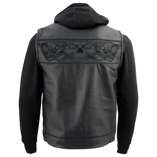 Milwaukee Leather MLM3563 Men's '2 in 1' Black Leather Vest w/ Reflective Skulls / Full Removable Hoodie