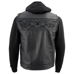 Milwaukee Leather MLM3563 Men's '2 in 1' Black Leather Vest w/ Reflective Skulls / Full Removable Hoodie
