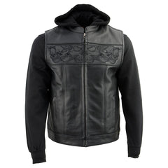 Milwaukee Leather MLM3563 Men's '2 in 1' Black Leather Vest w/ Reflective Skulls / Full Removable Hoodie